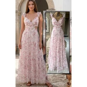 Lulus Mesh Love Blush Floral Pleated Tiered Tie-Back Ethereal Maxi Dress L NEW
